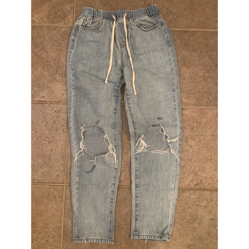 Rewash Jeans XS Distressed Drawstring Elastic Waist High Rise Light Wash Denim
